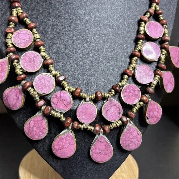 Vintage Stone Bib Brass Handcrafted Necklace Egyptian - Picture 2 of 9